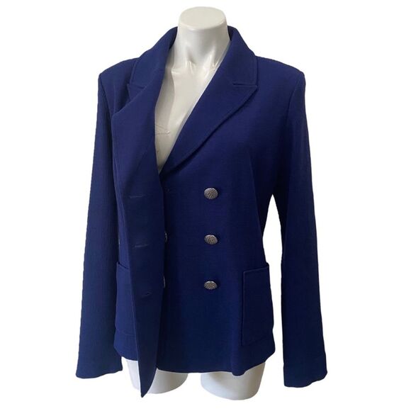 St. John Knit designer Women's Wool Navy Double-Breasted Blazer jacket sz 12 - - Picture 6 of 11